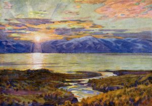 Mitternachtssonne über dem See Torne Träsk, von Abisko von Alfred Heaton Cooper