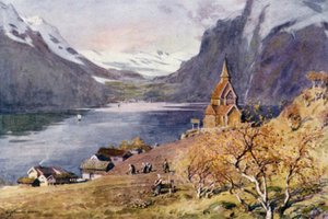 Urnes Stabkirche, Lyster, Sognefjord von Alfred Heaton Cooper
