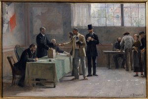 Allgemeines Wahlrecht: Ein Wahllokal im Jahr 1889. Skizze von Alfred Bramtot (1852-1894) 1889