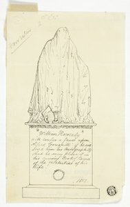 Visitenkarte mit drapiertem Denkmal, Künstlerinschrift von Alfred Henry Forrester