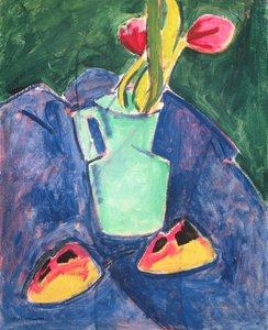 Blumen in einer grünen Vase auf violettem Tuch von Alfred Henry Maurer