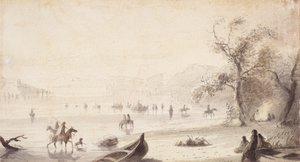 Büffelbootfahrt über den Platte, ca. 1837 von Alfred Jacob Miller