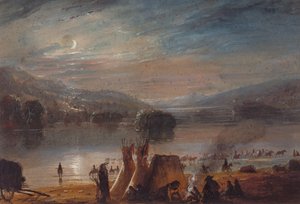Flussüberquerung bei Mondlicht, Lageraufbau, ca. 1858-60 von Alfred Jacob Miller