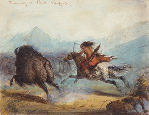 Indische Frau jagt einen Büffel, ca. 1858-60 von Alfred Jacob Miller