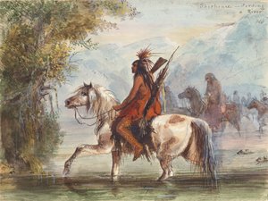 Shoshone-Lager durchquert einen Fluss, um 1837 von Alfred Jacob Miller