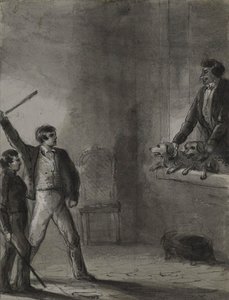 Zwei Jungen mit erhobenen Stöcken, während Mann und Hunde aus einem Fenster schauen von Alfred Jacob Miller