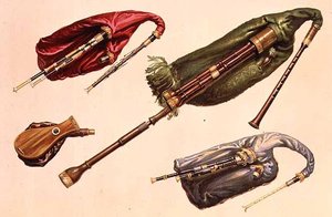 Dudelsäcke (von links nach rechts): Grün, Schottisches Tiefland, Rot und Northumbrian, aus 