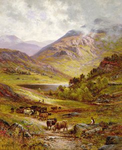 Langhornrinder in einer bergigen Landschaft von Alfred Jr. Glendening