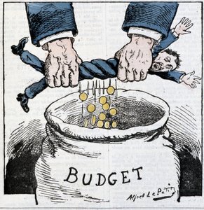 Armer Steuerzahler, danke dem Kaiserreich! : Karikatur über Steuern und das Budget - von A. Le Petitty, in „Le Sans-Culotte“