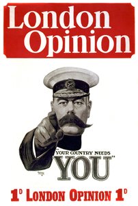 Erster Weltkrieg: Rekrutierungsplakat für britische Soldaten: Kommandant Lord Horatio Herbert Kitchener von Khartum (1850-1916), britischer Soldat und Staatsmann, zeigt auf militärische Möglichkeiten „Das Land braucht dich“. Zeichnung von Alfred Leete (188 von Alfred Leete