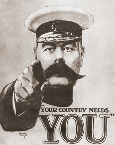 Das britische Rekrutierungsplakat von 1914 zeigt Lord Kitchener mit den Worten "Dein Land braucht dich". Aus Die Geschichte von siebzig bedeutenden Jahren, veröffentlicht von Odhams Press 1937. von Alfred Leete