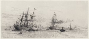 Schiffe auf dem Mersey (Radierung) von Alfred Louis Brunet Debaines