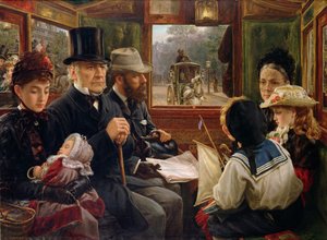 Eine Omnibusfahrt zum Piccadilly Circus, Mr. Gladstone reist mit gewöhnlichen Passagieren, 1885