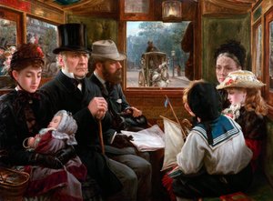 Eine Omnibusfahrt zum Piccadilly Circus, Mr. Gladstone reist mit gewöhnlichen Passagieren, 1885