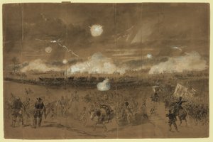 Couchs Korps bildet Schlachtlinie in den Feldern bei Chancellorsville, um den Rückzug des elften Korps zu decken, das schändlich davonläuft von Alfred R. Waud