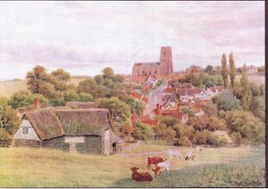 Die Kirche auf dem Hügel, Kersey, Suffolk, aus Die Cottages und das Dorfleben im ländlichen England, veröffentlicht von Dent & Sons Limited, 1912 von Alfred Robert Quinton