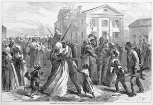 Ausgemusterte farbige Freiwillige in Little Rock, Arkansas, aus Harpers Weekly, veröffentlicht 1866 von Alfred Rudolph Waud