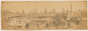 Blick von der Erie Street Bridge nach Osten während des Chicagoer Brandes von 1871 von Alfred Rudolph Waud