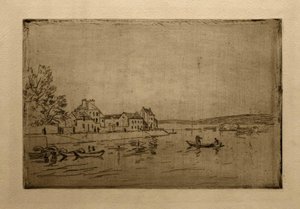 Ufer des Loing: Die sechs vertäuten Boote von Alfred Sisley