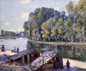 Hütten am Rand des Canal du Loing mit Sonnenschein