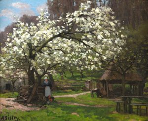 Frühling, Bäuerin unter blühenden Bäumen von Alfred Sisley