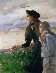 Bruder und Schwester vor dem Meer in Honfleur von Alfred Emile Stevens