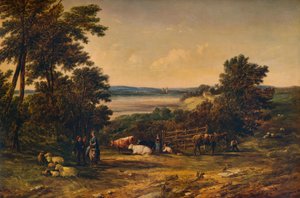 Ein Hafen umgeben von bewaldeten Hügeln und Wiesen mit Vieh, 1859, 1938 von Alfred Vickers