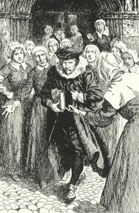Der schottische Priester William Annand wird von den Frauen Edinburghs verurteilt, weil er aus dem neuen Gebetbuch in der St. Giles Kathedrale predigt, 1637 von Alfred Wallis Mills