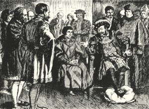 Sir Thomas More am Hof von Heinrich VIII., widersteht den Versuchen des Königs, ihn zu einer amüsanten Bemerkung zu bewegen