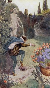 Wasser aus einem Krug, gehalten von einer Statue in einem Garten, das auf den Kopf des französischen Töpfers Bernard Palissy fließt von Alfred Wallis Mills