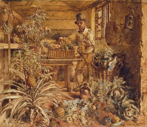 Ein Gärtner in einem Pflanzenschuppen mit Ananas und verschiedenen Gemüsen von Alfred William Hunt