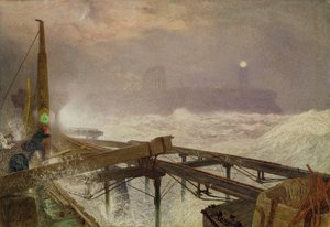 Blaue Lichter, Teignemouth Pier - Lampenanzünden bei Sonnenuntergang, 1868 von Alfred William Hunt
