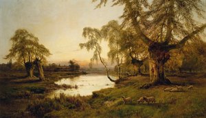 Schafe weiden bei Sonnenuntergang an einem See von Alfred de Breanski