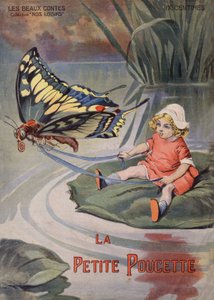 Däumelinchen. Ein winziges kleines Mädchen sitzt auf einer Seerose und wird von einem Schmetterling gezogen. Märchen von Hans Christian Andersen (1805-1875). Illustration von Vaccari und Carrey in 