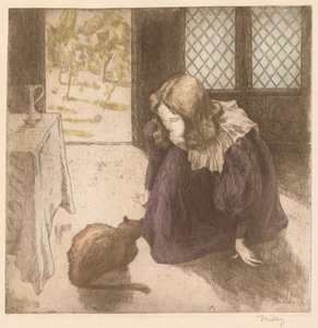 Interieur, kleines Mädchen mit Katze La Petite fille au chat, 1897 von Alfredo Müller