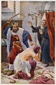 König Peter I. von Portugal bestraft den Bischof von Porto (Farblithografie)