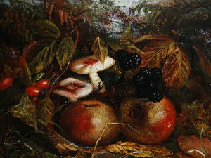 Stillleben mit Pilzen, Äpfeln und Brombeeren von Alice M Wilson
