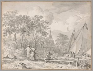 Landschaft mit eleganten Figuren an einem Fluss, mit Booten rechts und einer Stadt hinter Bäumen dahinter