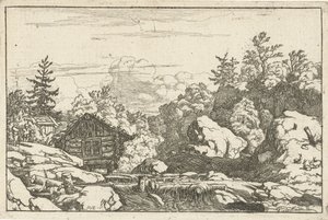 Landschaft mit Hütte bei einem Wasserfall