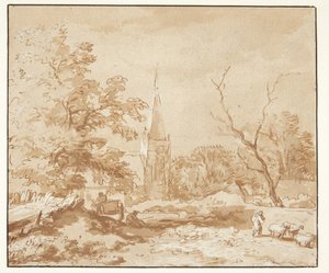 Landschaft mit Bäumen und einer Kirche