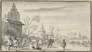 Schlittschuhläufer auf einem Teich außerhalb der Stadt von Allaert van Everdingen