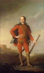 Porträt von Charles, 5. Earl of Elgin und 9. Earl of Kincardine, in voller Länge in einem scharlachroten Kostüm und einem pelzbesetzten Umhang, der ein Musket in einer romantischen Landschaft mit einer Burg im Hintergrund hält von Allan Ramsay