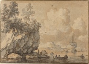 Figuren in Ruderbooten in einer felsigen Bucht, Segelschiffe dahinter von Allart van Everdingen