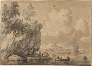 Figuren in Ruderbooten in einer felsigen Bucht, Segelschiffe dahinter von Allart van Everdingen