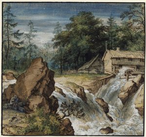 Nordische Landschaft mit einem Zeichner bei einem Wasserfall von Allart van Everdingen