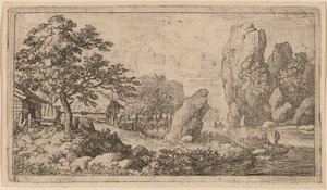 Spitzer Fels am Ufer eines Flusses, wahrscheinlich ca. 1645-1656