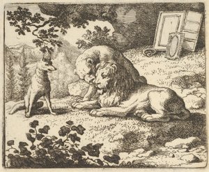 Renard lügt, dass er dem Widder verschiedene wertvolle Gegenstände gegeben hat, die für den Löwen bestimmt waren, 1650-75 von Allart van Everdingen