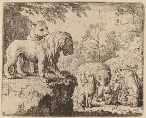 Der Löwe begnadigt Reynard vor den anderen Tieren, wahrscheinlich um 1645-1656 von Allart van Everdingen