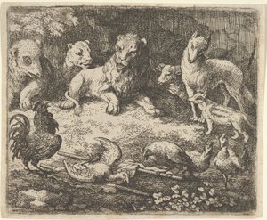 Der Hahn beschuldigt Renard des Mordes an einem seiner Hühner, Mitte des 17. Jahrhunderts von Allart van Everdingen