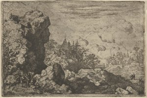 Die drei Reisenden am Fuße des hohen Felsens